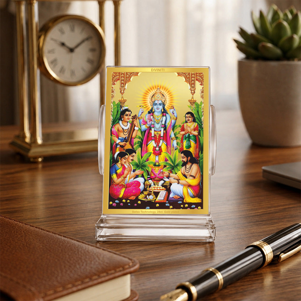 24K Gold-Plated Lord Satyanarayan Acrylic Car Dashboard Frame | 11x7 CM