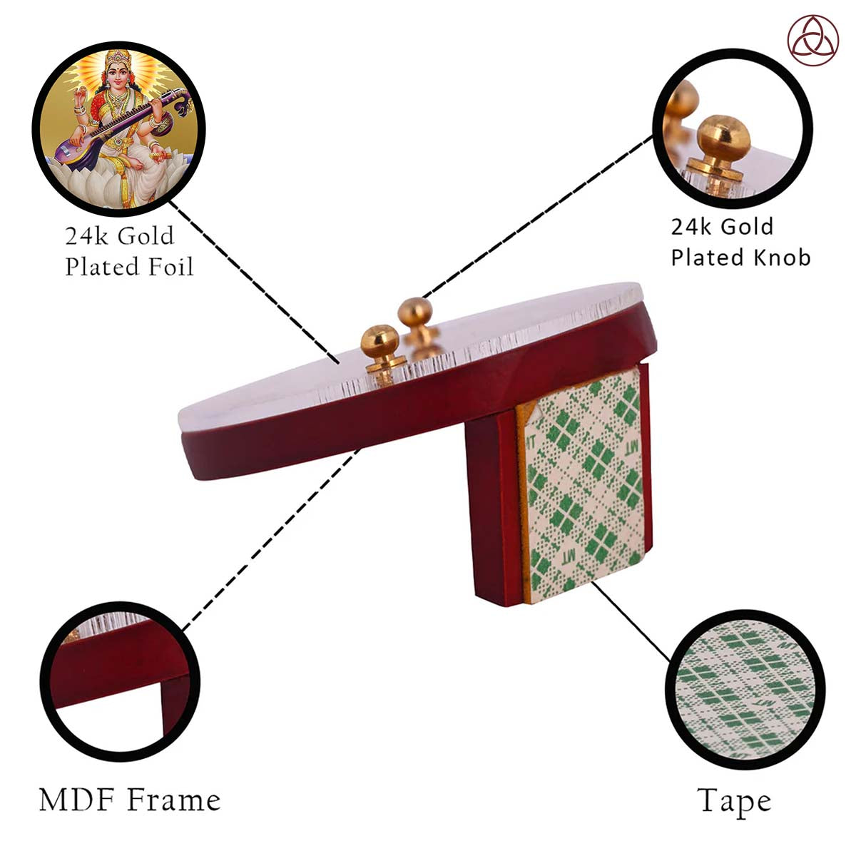 Goddess Saraswati Mata Car Dashboard & Tabletop Photo Frame showcasing 24K gold plated foil and intricate MDF design.