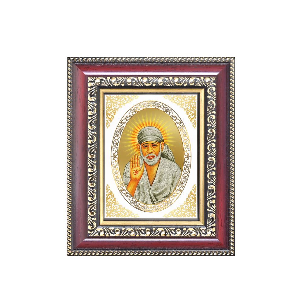 Sai Baba Blessing Form (Abhaya Mudra) Divine Shirdi Sacred Faith Royal Tabletop Frame in 24K Gold Plated Foil