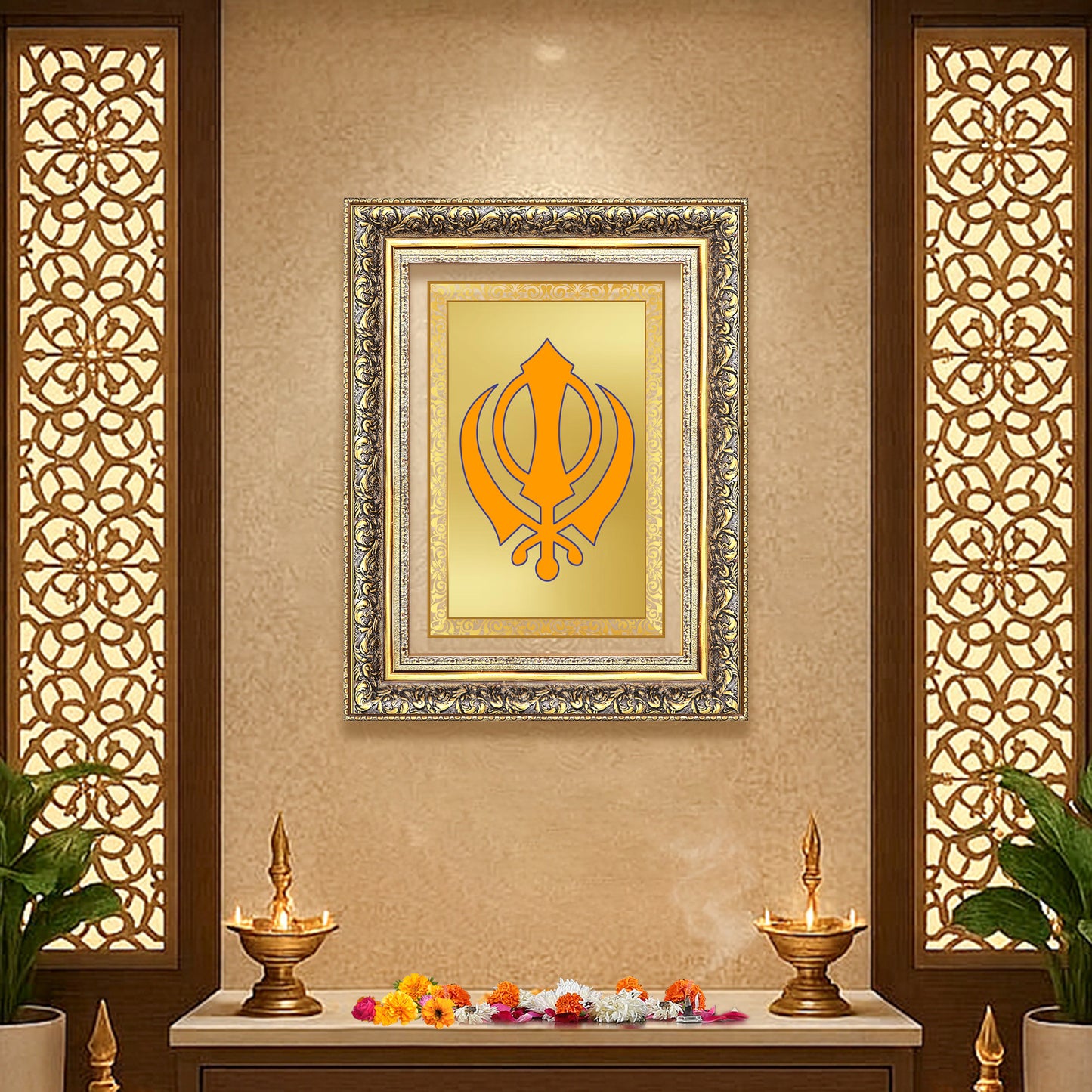 Diviniti 24K Gold Plated Khanda Sahib (Classic) Divine Wall Frame for Home Mandir & Office Decor | Luxury Spiritual Gift