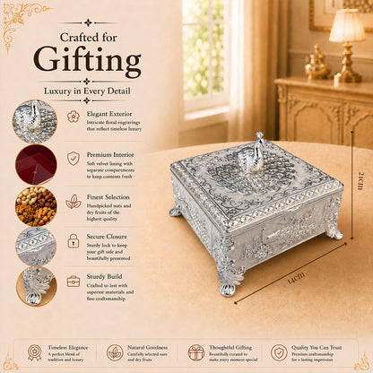 Diviniti Premium German Silver 2-Part Box | White Decorative Dry Fruit & Sweet Box for Wedding & Festive Gifting