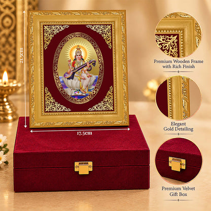 24K Gold-Plated Saraswati Mata Frame | Premium Gift Box | 21.5x17.5 CM