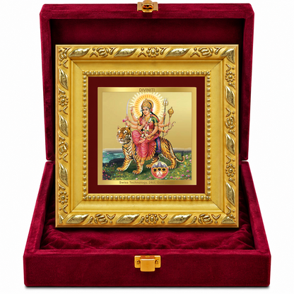 24K Gold-Plated Durga Sherawali Mata with Pind Frame | Premium Gift Box | 10x10 CM