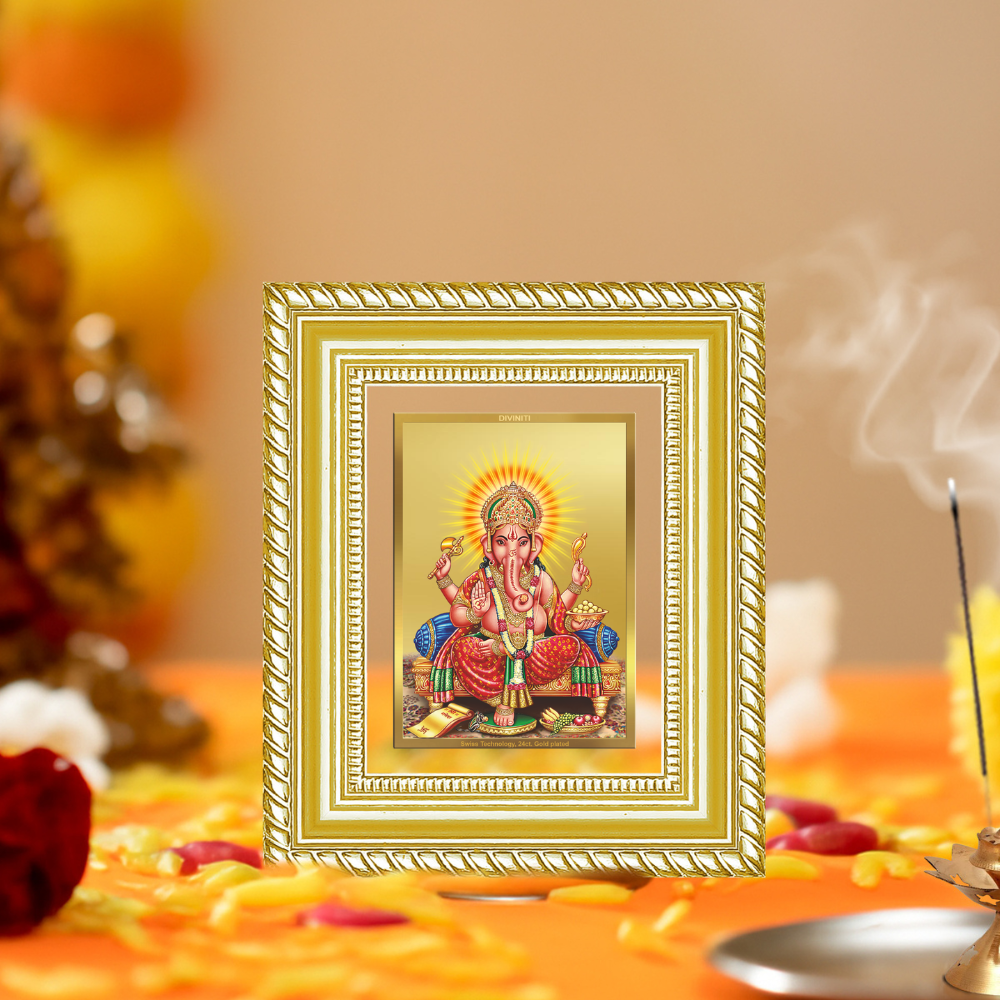 Diviniti 24K Gold Plated Ganesha Divine Table Top Frame for Home Mandir & Office Decor | Luxury Spiritual Gift