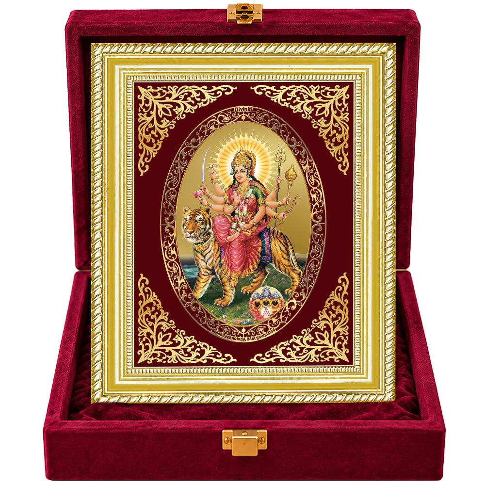 24K Gold-Plated Durga Sherawali Mata with Pindi Frame | Premium Gift Box | 26x20 CM