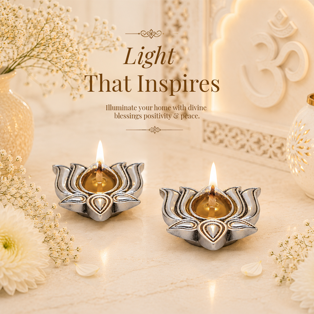 Diviniti 999 Silver Plated Lotus Diya Set of 2 with Luxury Gift Box | Antique Finish Home & Festive Décor