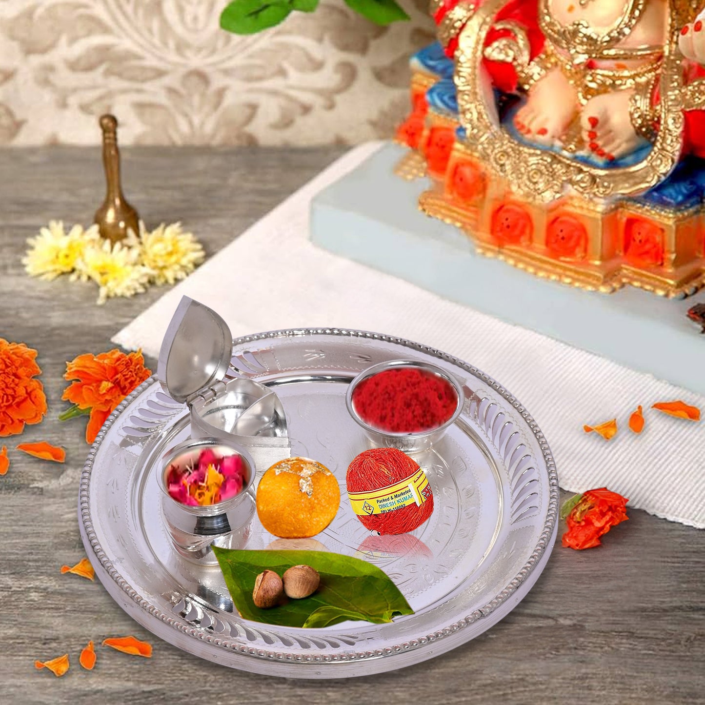 Diviniti 925 Pure Silver Puja Thali Kit Luxurious Tradition for Spiritual Ceremonies for Home & Office Décor, Puja Room Diwali Gift (279g)