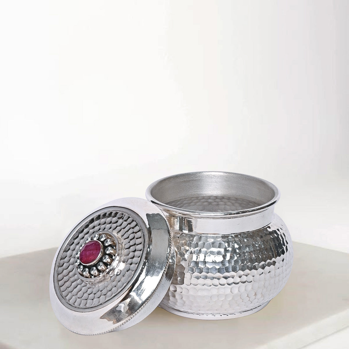Pure Silver Serenity Box Red Eye Studded Handcrafted Storage Container (8x6x7 cm, 149g)