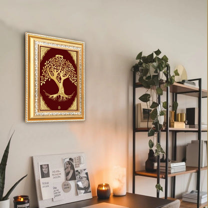 Tree of Life Gold Wall Hanging Frame in 24K Gold Foil displayed on wall of livinig room
