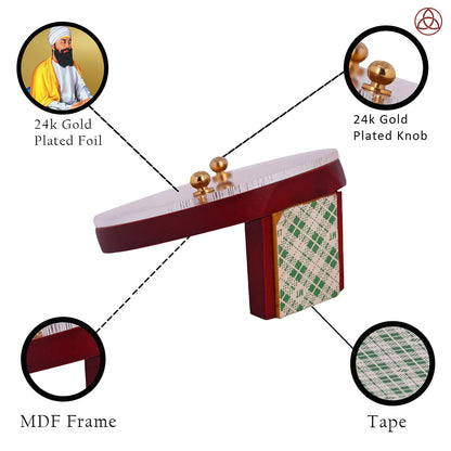 Guru Tegh Bahadar Ji Car Dashboard & Tabletop Photo Frame showcasing 24K gold plated foil and intricate MDF design.