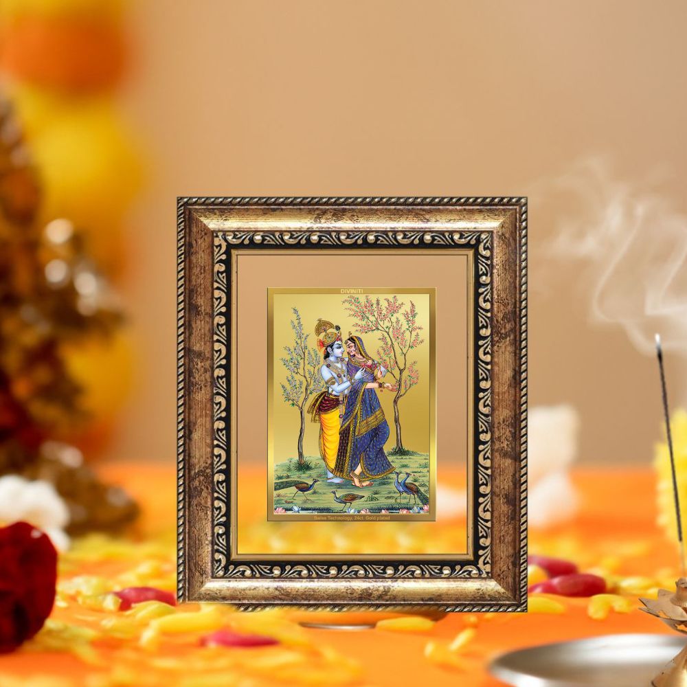 Diviniti 24K Gold Plated Radha Krishna Divine Table Top Frame for Home Mandir & Office Decor | Luxury Spiritual Gift
