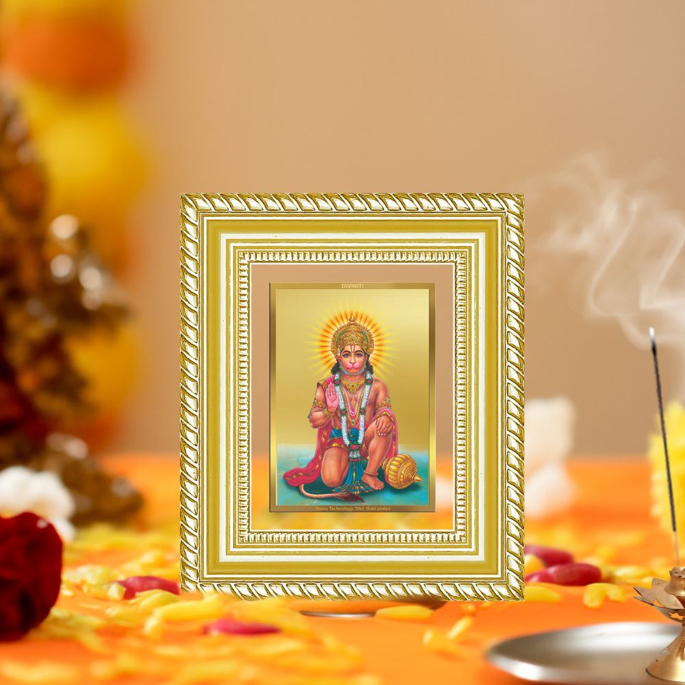 Diviniti 24K Gold Plated Ashirwad Hanuman Divine Table Top Frame for Home Mandir & Office Decor | Luxury Spiritual Gift