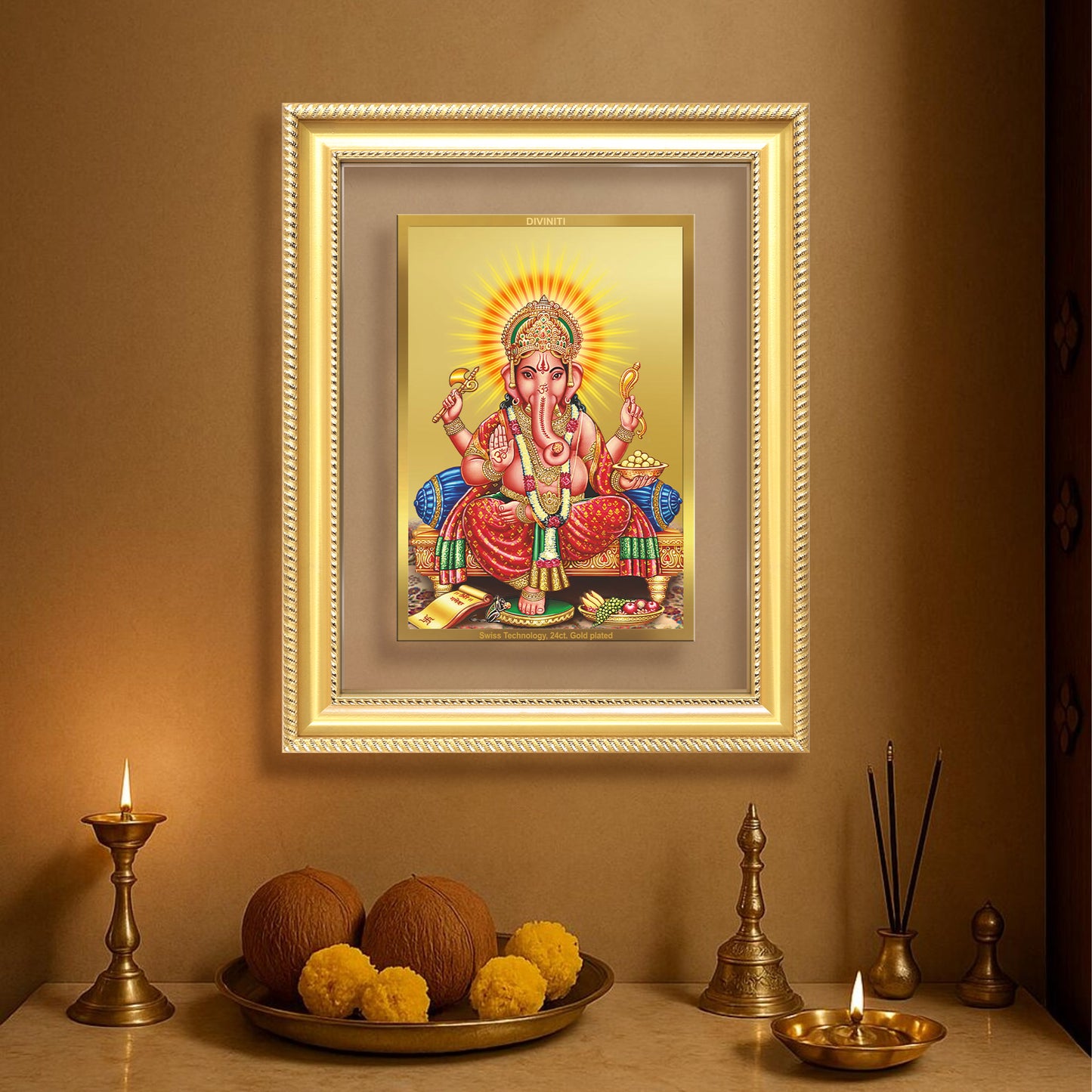 Diviniti 24K Gold Plated Ganesha (Classic) Divine Wall Frame for Home Mandir & Office Decor | Luxury Spiritual Gift