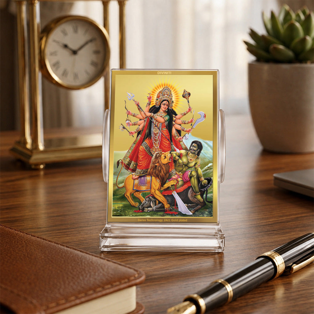 24K Gold-Plated Durga Mahishasura Mardini Acrylic Car Dashboard Frame | 11x7 CM