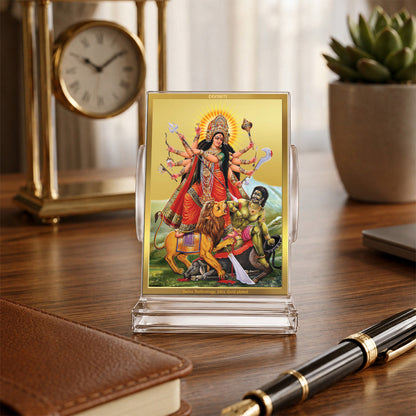 24K Gold-Plated Durga Mahishasura Mardini Acrylic Car Dashboard Frame | 11x7 CM