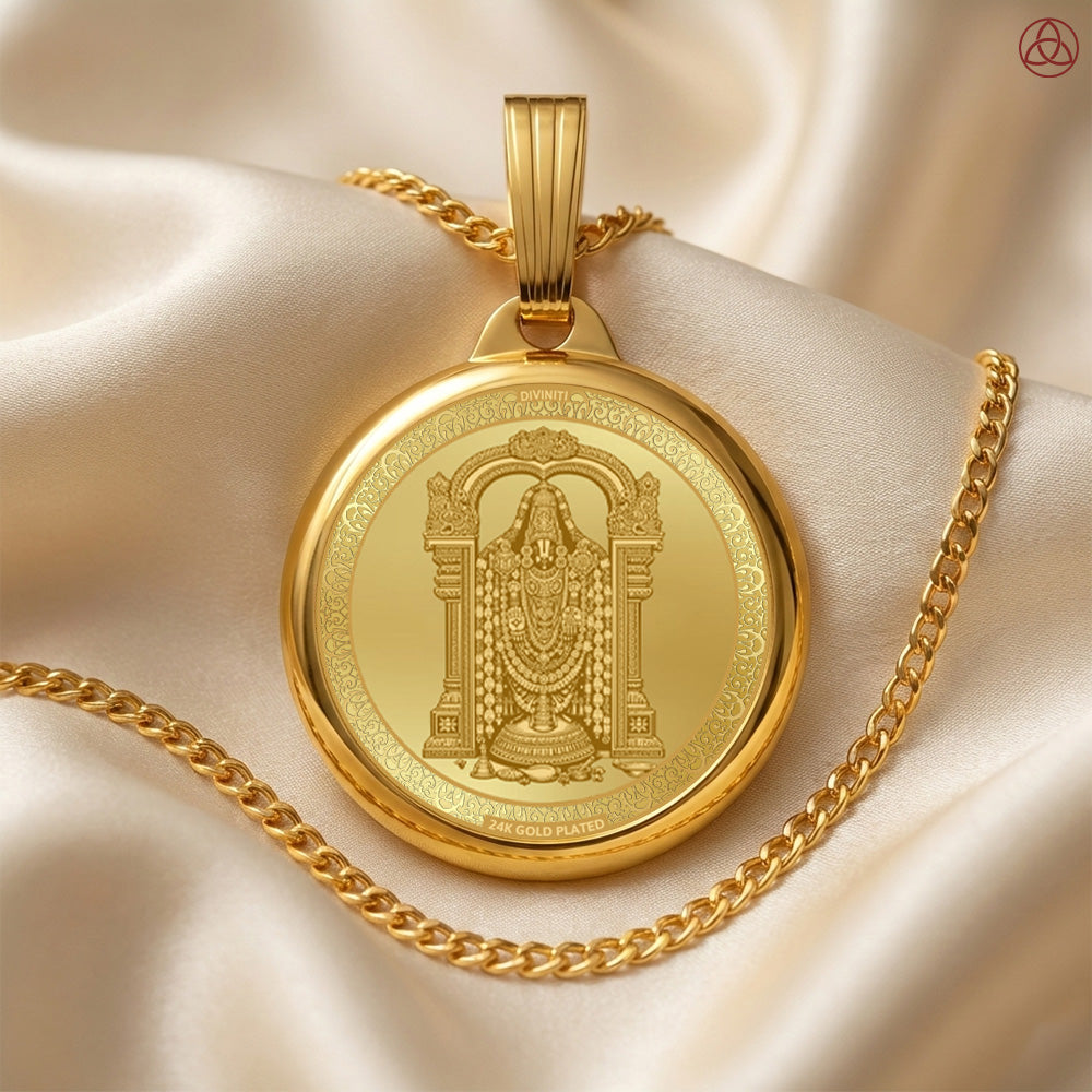 DIVINITI 24K Gold Plated Goddess Padmavati & Lord Balaji Pendant – 18mm Double-Sided Spiritual Pendant