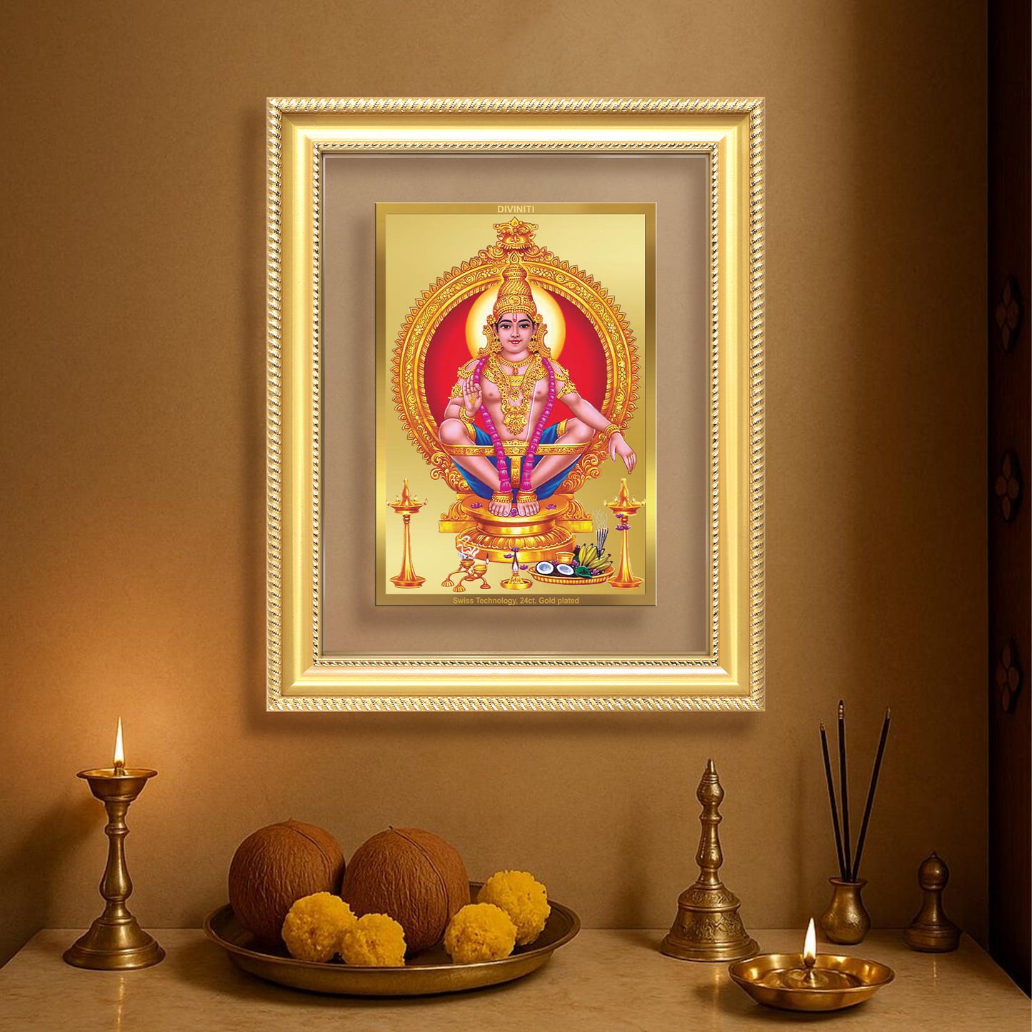 Diviniti 24K Gold Plated Ayyappan Divine Wall Frame for Home Mandir & Office Decor | Luxury Spiritual Gift