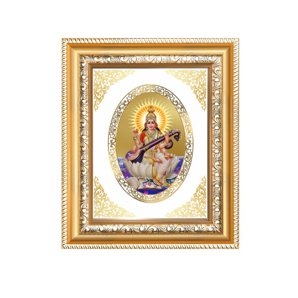 Goddess Saraswati Mata Divine Knowledge & Wisdom Sacred Royal Tabletop Frame in 24K Gold Plated Foil