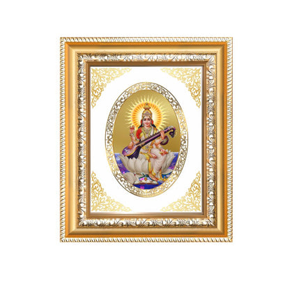 Goddess Saraswati Mata Divine Knowledge & Wisdom Sacred Royal Tabletop Frame in 24K Gold Plated Foil