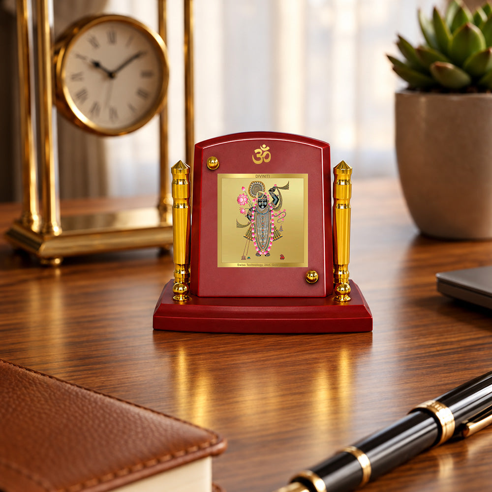 24K Gold-Plated Lord Shrinath Ji MDF Car Dashboard Frame | 7.5x9 CM