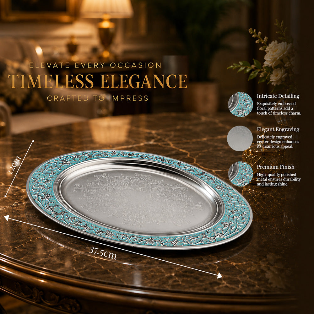 Diviniti Silver-Plated Oval Decorative Tray with Turquoise Enamel Accents | Luxury Serving Platter for Dry Fruits, Sweets & Premium Gifting
