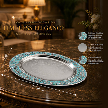 Diviniti Silver-Plated Oval Decorative Tray with Turquoise Enamel Accents | Luxury Serving Platter for Dry Fruits, Sweets & Premium Gifting
