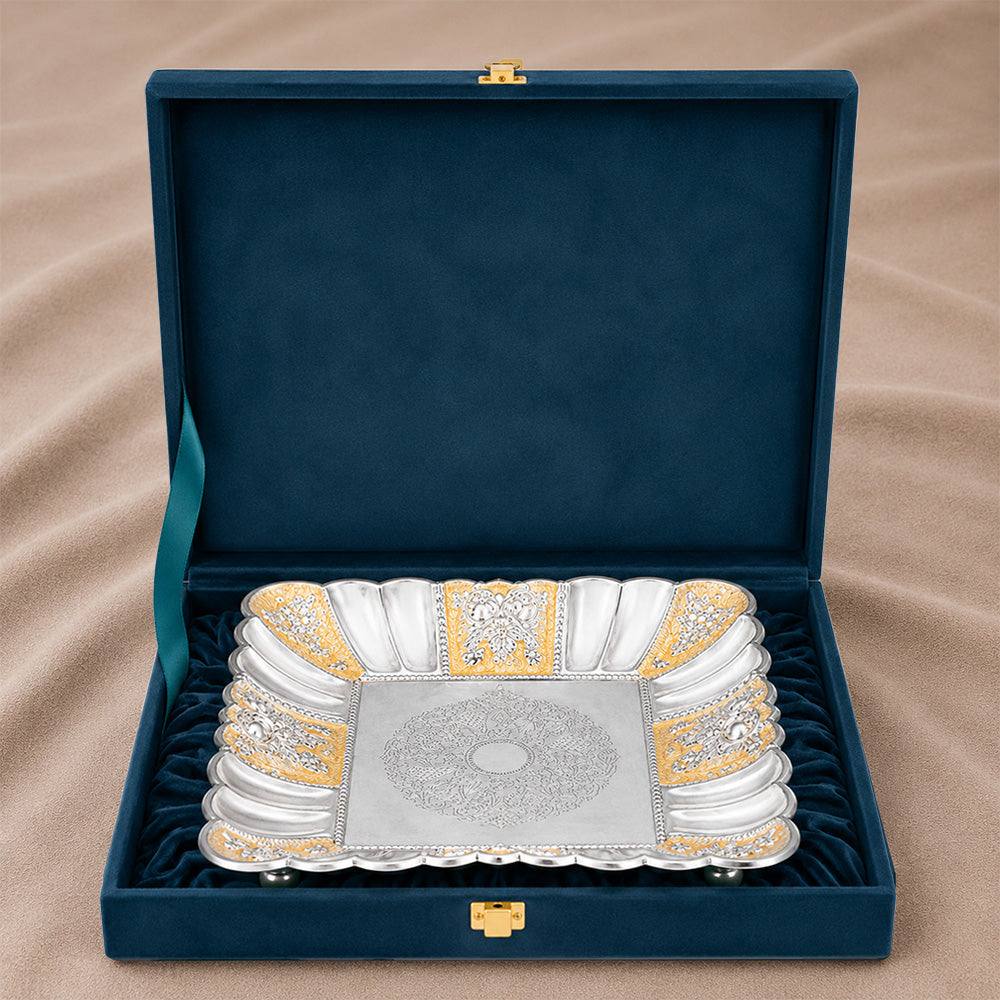 Diviniti Gold Accent German Silver Decorative Platter with Luxury Gift Box open, showcasing intricate design and craftsmanship.