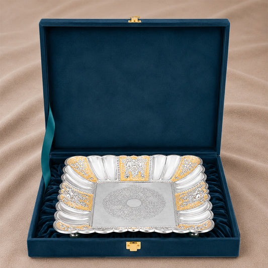 Diviniti Gold Accent German Silver Decorative Platter with Luxury Gift Box open, showcasing intricate design and craftsmanship.