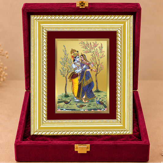 24K Gold-Plated Radha Krishna with Peacock Frame | Premium Gift Box | 21.5x17.5 CM