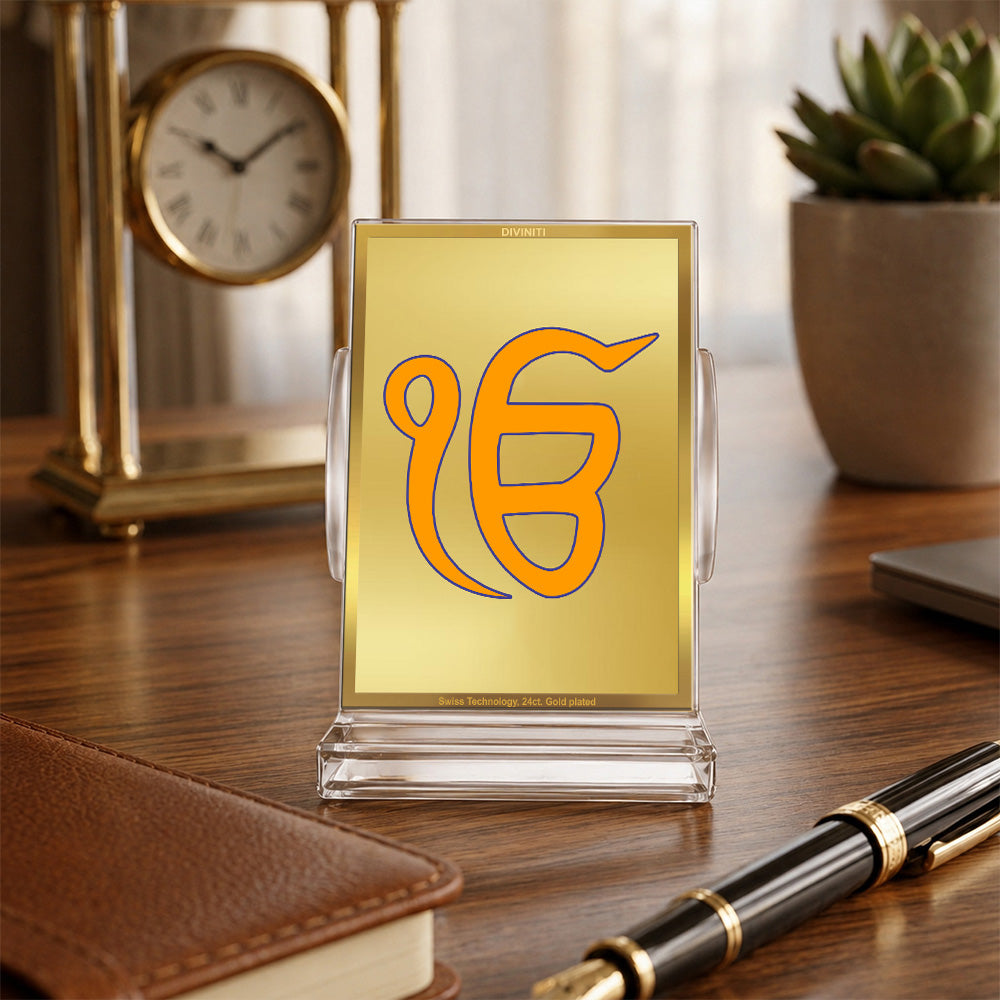24K Gold-Plated Ik Onkar Acrylic Car Dashboard Frame | 11x7 CM
