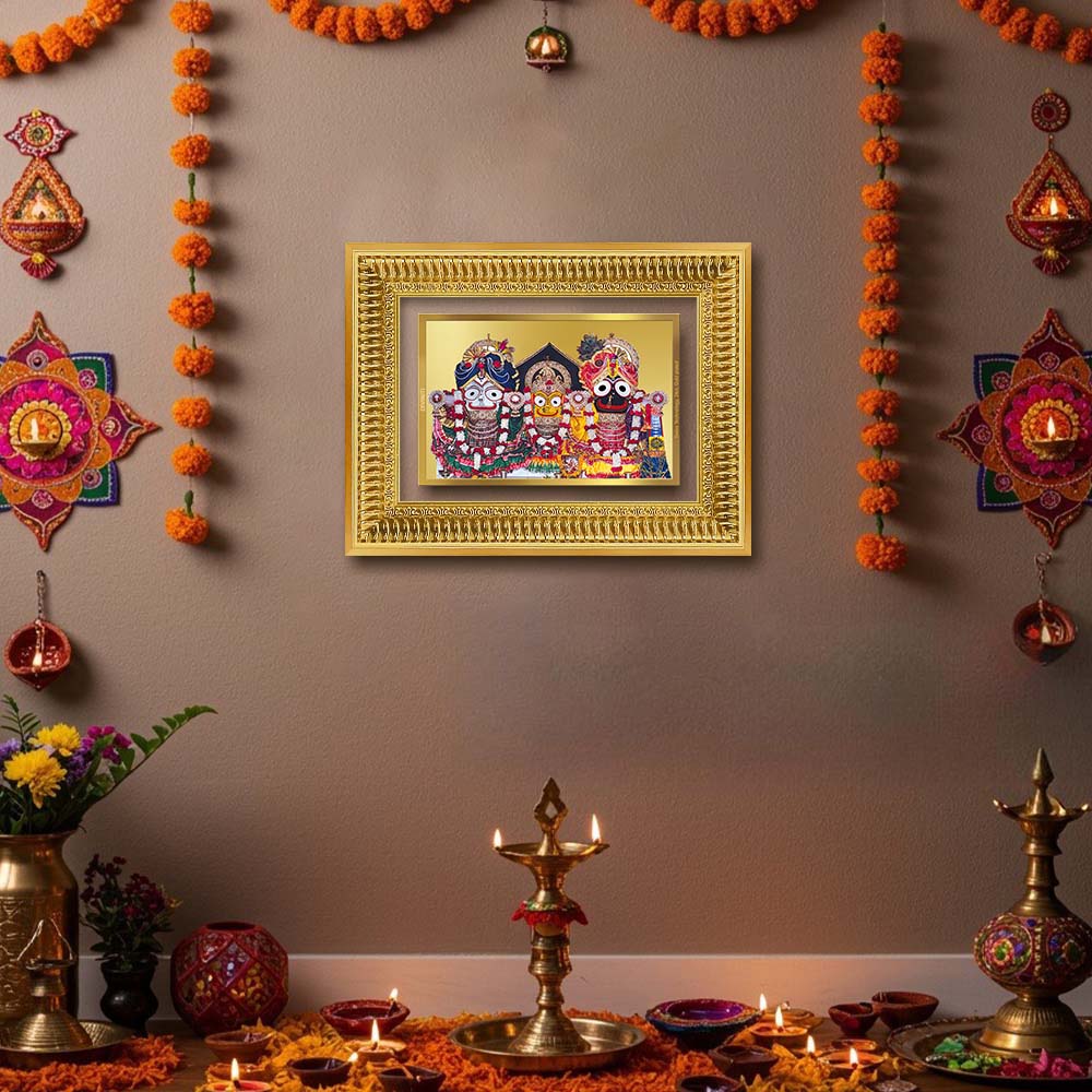 Diviniti 24K Gold Plated Jagannath Subhadra Balabhadra (Classic) Divine Wall Frame for Home Mandir & Office Decor | Luxury Spiritual Gift