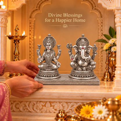 999 Silver-Plated Antique Laxmi Ganesha Idol | Premium Gift Box | 10x13 CM