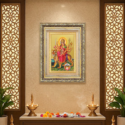 Diviniti 24K Gold Plated Durga - Sherawali Mata With Pind (Classic) Divine Wall Frame for Home Mandir & Office Decor | Luxury Spiritual Gift