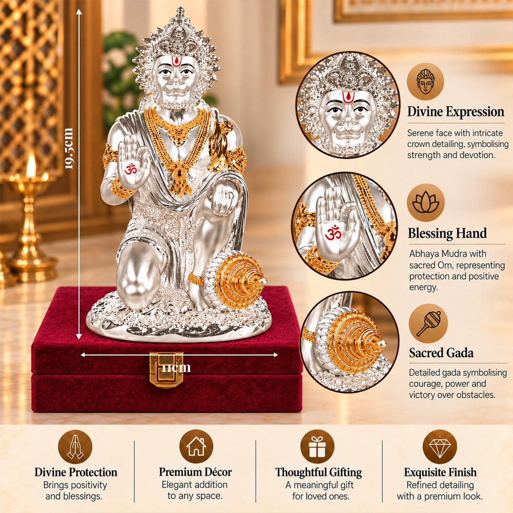 999 Silver-Plated Dual-Tone Hanuman Idol | Premium Gift Box | 19.5x11 CM