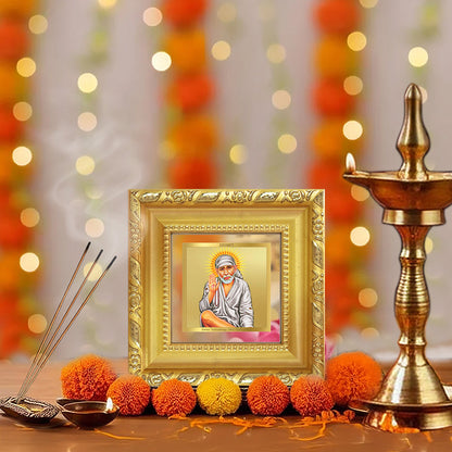 Diviniti Sai Baba with Blessings Tabletop Photo Frame in 24K Gold Plated Foil | Protection, Faith & Divine Grace | DG103S1A (10x10 CM)