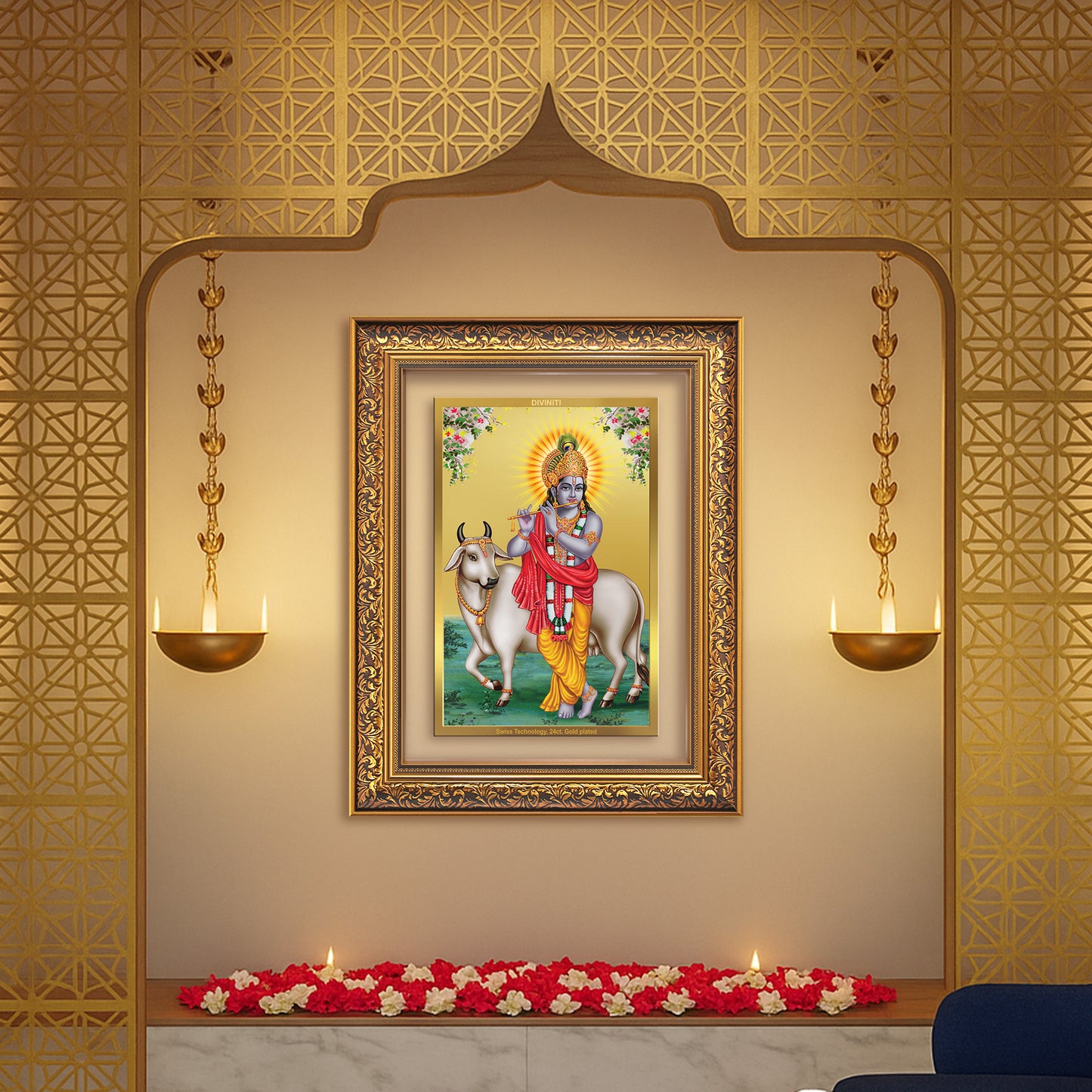 Diviniti 24K Gold Plated Krishna With Surbhi Cow (Classic) Divine Wall Frame for Home Mandir & Office Decor | Luxury Spiritual Gift
