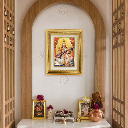 Diviniti 24K Gold Plated Saraswati Mata (Classic) Divine Wall Frame for Home Mandir & Office Decor | Luxury Spiritual Gift