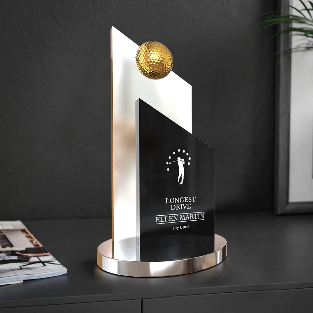 Personalized Longest Drive Golf Trophy Premium Crystal Award with Golden Ball and Engraved Personalization