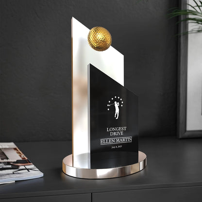 Personalized Longest Drive Golf Trophy Premium Crystal Award with Golden Ball and Engraved Personalization
