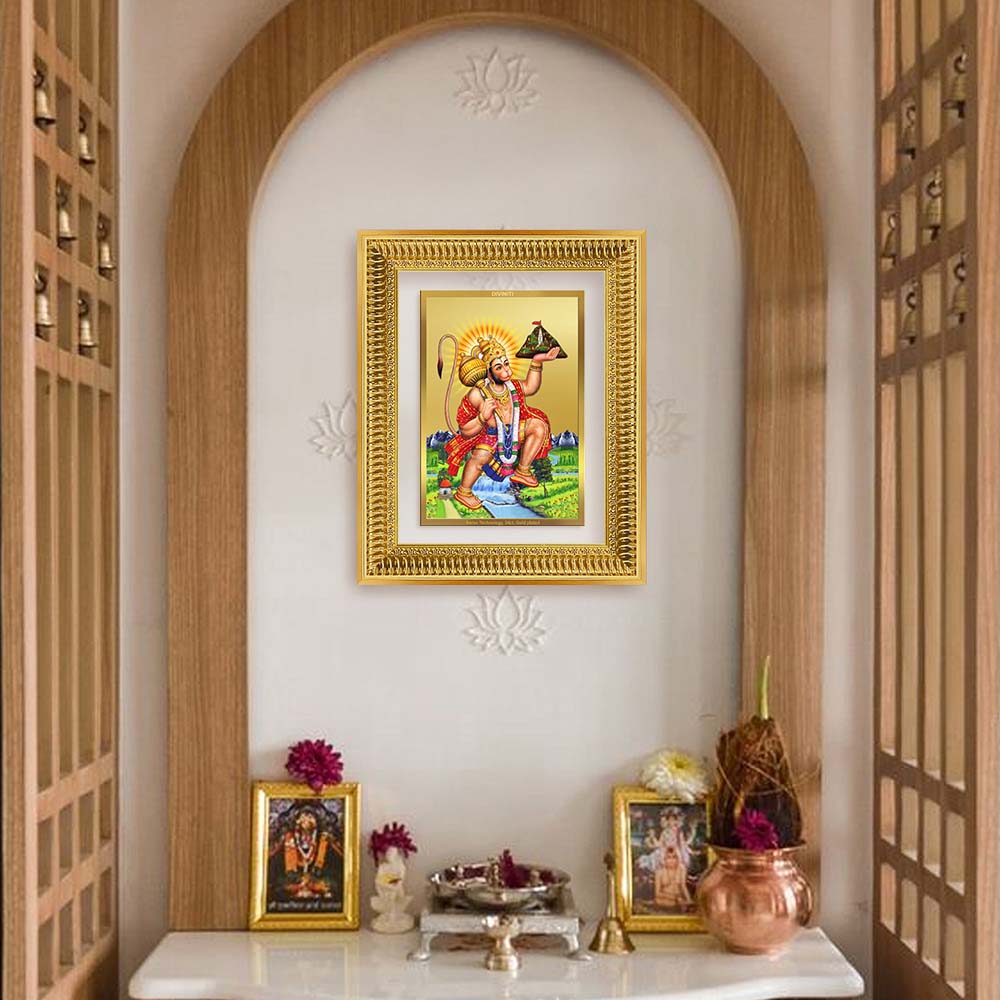 Diviniti 24K Gold Plated Hanuman With Mountain (Classic) Divine Wall Frame for Home Mandir & Office Decor | Luxury Spiritual Gift