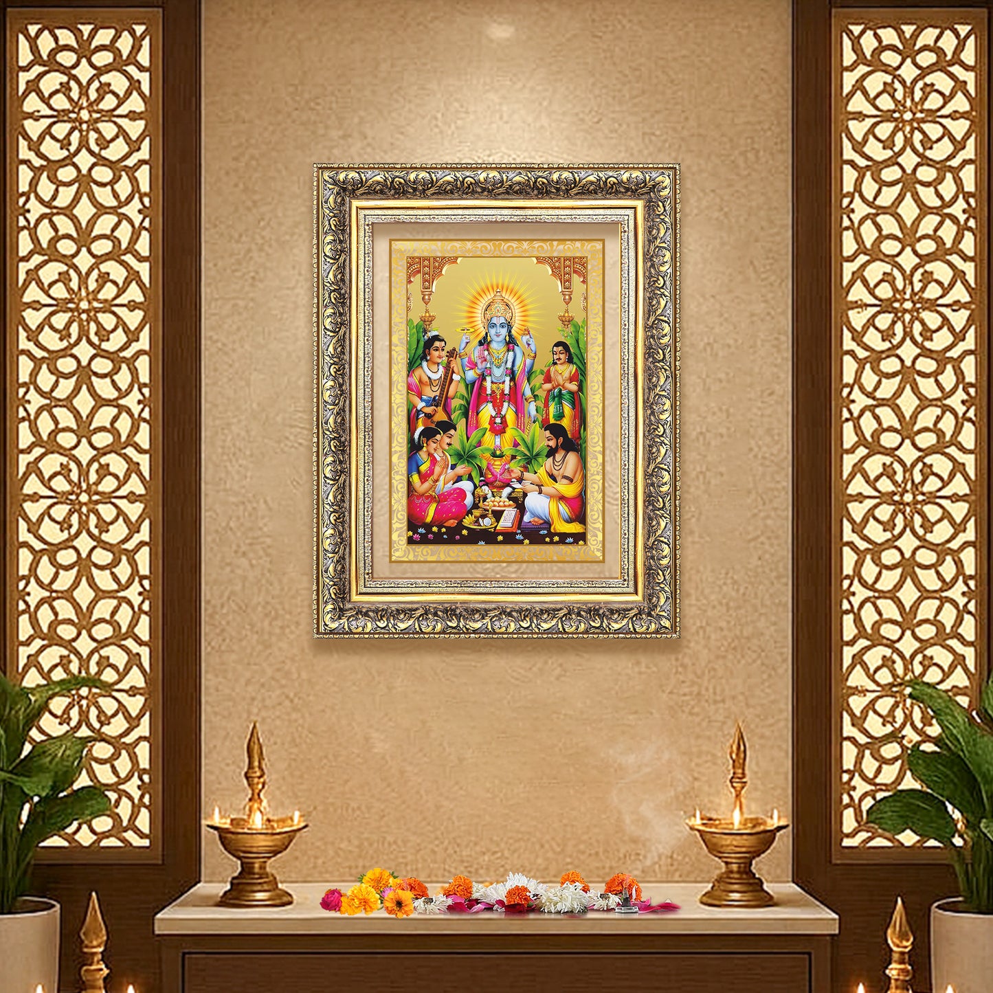 Diviniti 24K Gold Plated Satyanarayan (Classic) Divine Wall Frame for Home Mandir & Office Decor | Luxury Spiritual Gift