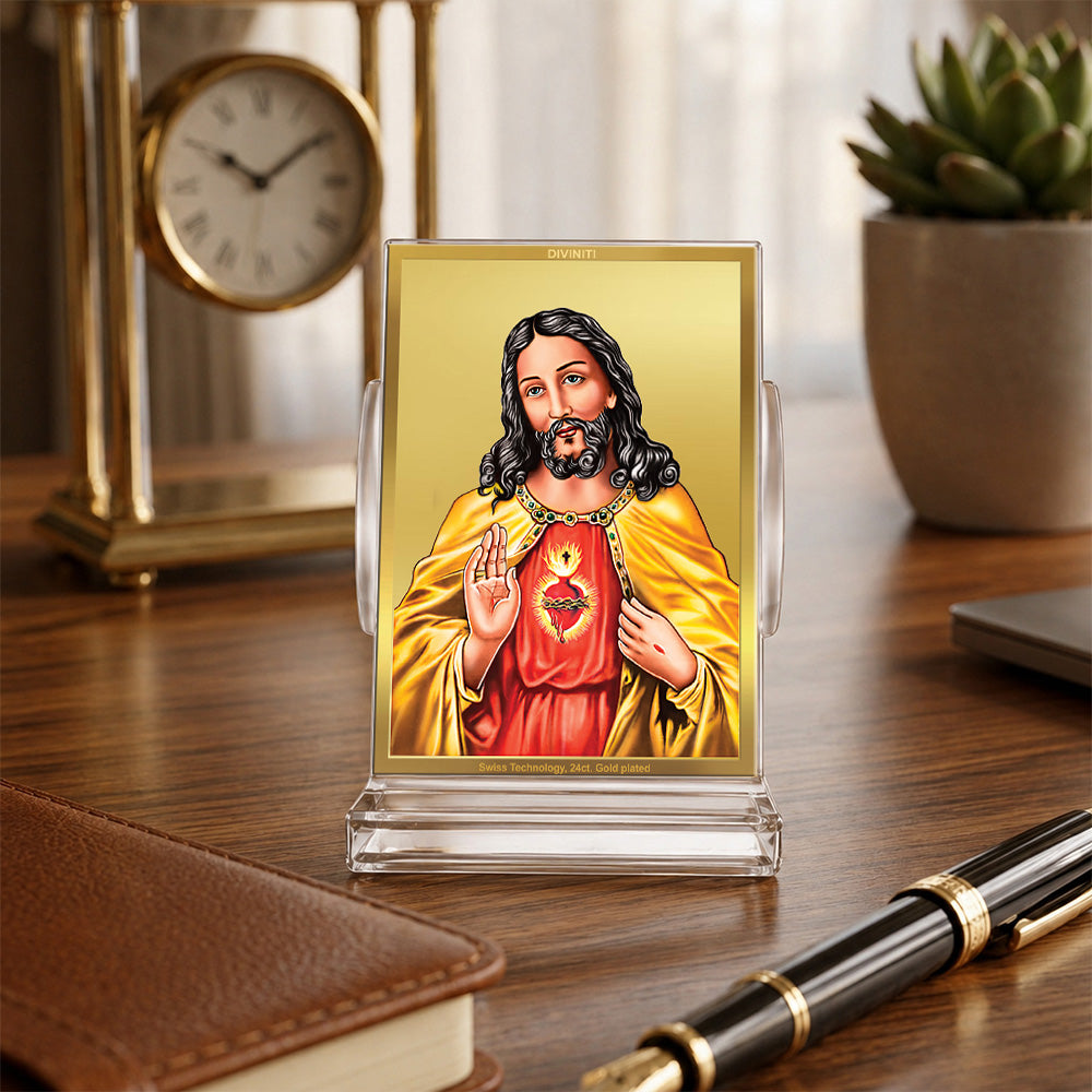 24K Gold-Plated Jesus Christ Acrylic Car Dashboard Frame | 11x7 CM
