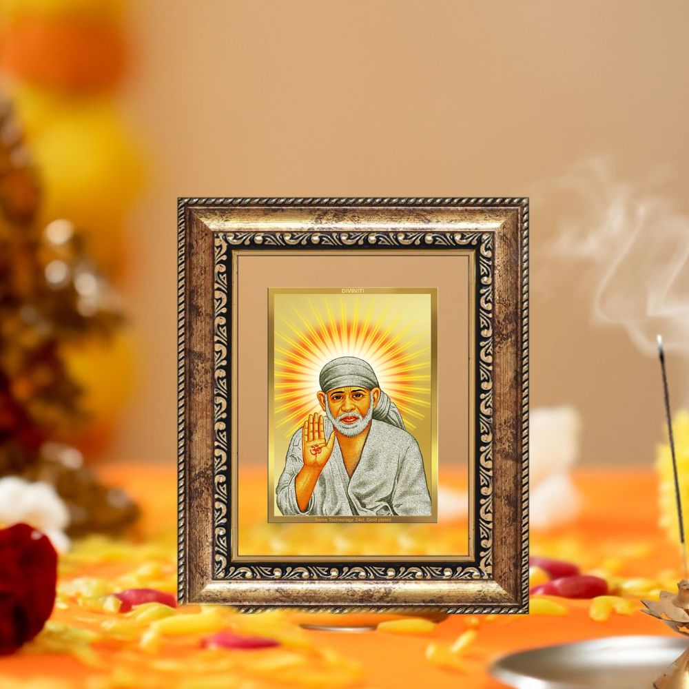 Diviniti 24K Gold Plated Sai Baba With Blessings Divine Table Top Frame for Home Mandir & Office Decor | Luxury Spiritual Gift