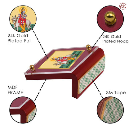 Krishna with Surbhi Cow | Divine Lord Krishna Car Dashboard & Tabletop Photo Frame in 24K Gold Plated Foil