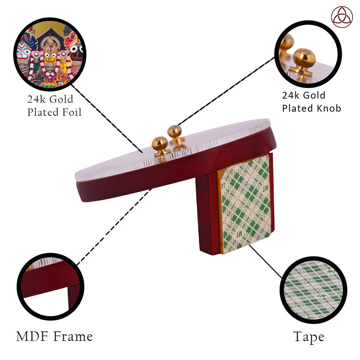 Jagannath Balaram Suvadra Car Dashboard & Tabletop Photo Frame showcasing 24K gold plated foil and intricate MDF design.