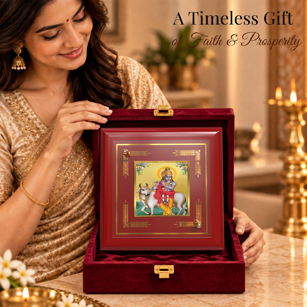 24K Gold-Plated Lord Krishna with Surbhi Cow MDF Frame | Premium Gift Box | 10x10 CM