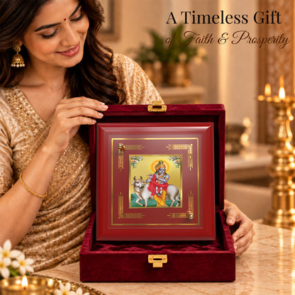 24K Gold-Plated Lord Krishna with Surbhi Cow MDF Frame | Premium Gift Box | 10x10 CM