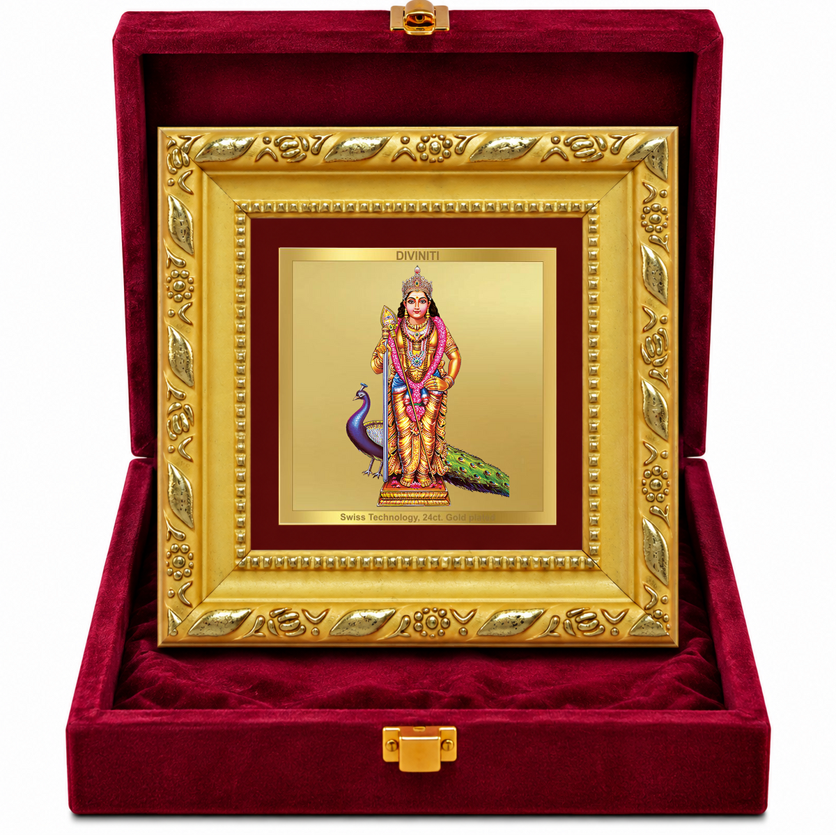 24K Gold-Plated Lord Murugan with Peacock Frame | Premium Gift Box | 10x10 CM