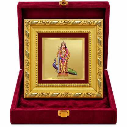 24K Gold-Plated Lord Murugan with Peacock Frame | Premium Gift Box | 10x10 CM