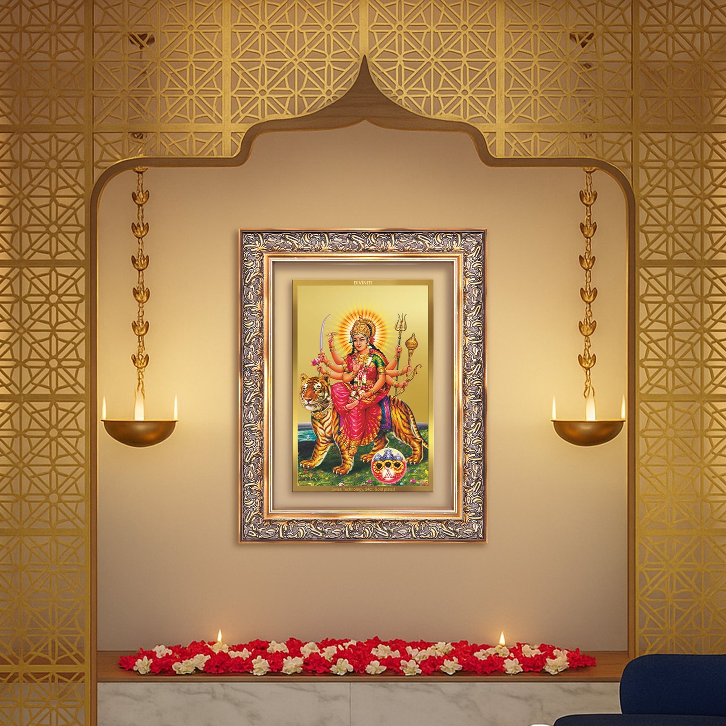 Durga Sherawali Mata with Pind | Divine Wall Mount Photo Frame in 24K Gold Plated Foil